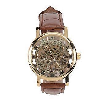 Men Skeleton Round Dial Automatic Mechanical Wrist Watch with PU Band (Golden+Brown)