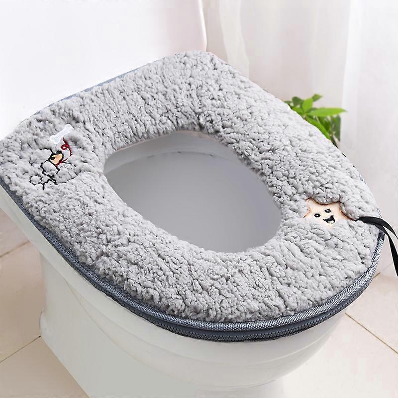 Warm Plush Washable Thicken Toilet Seat Gray Cover Pads Mat with Handle and Zipper