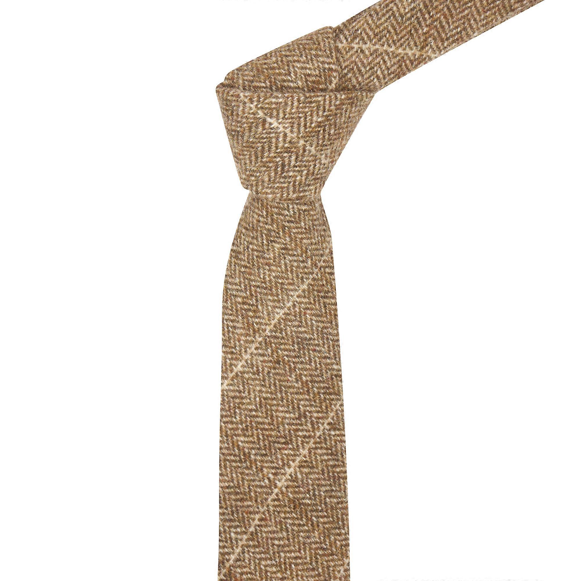 Brown Herringbone Windowpane Check Tweed Tie
