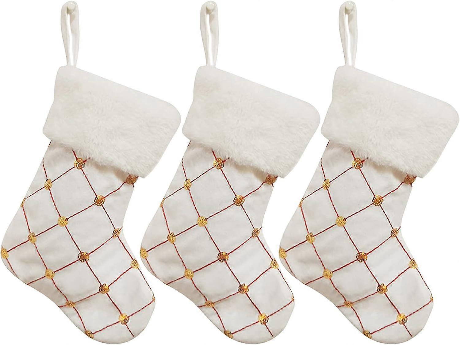 Set of 3 Sequin Christmas Stockings, 9inch Checker Fireplace Stocking with Gold Sequins