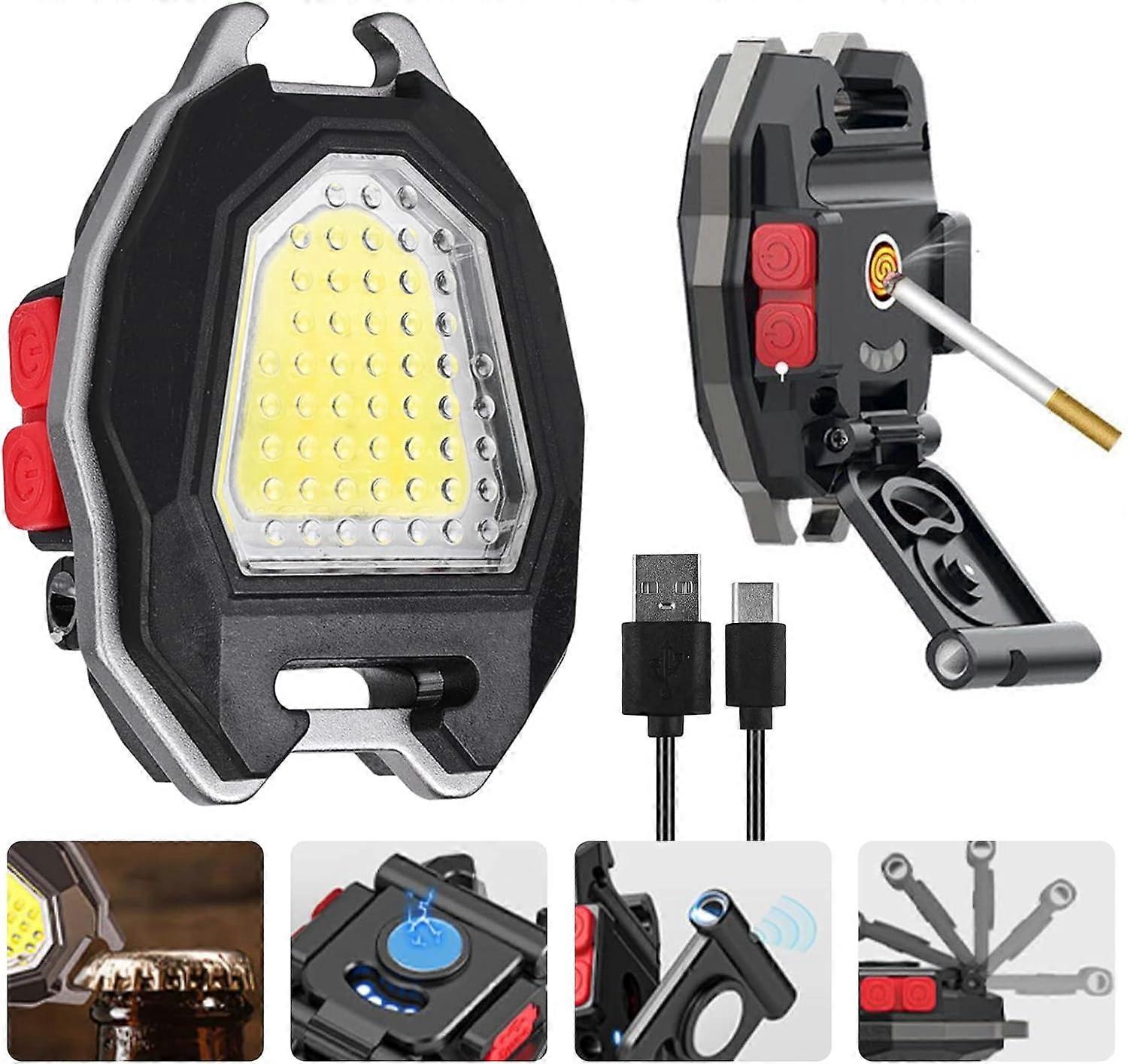 Multifunctional Keychain Emergency LED Light: USB Mini Rechargeable Keychain Flashlight Waterproof COB Flashlight with Cigarette Lighter