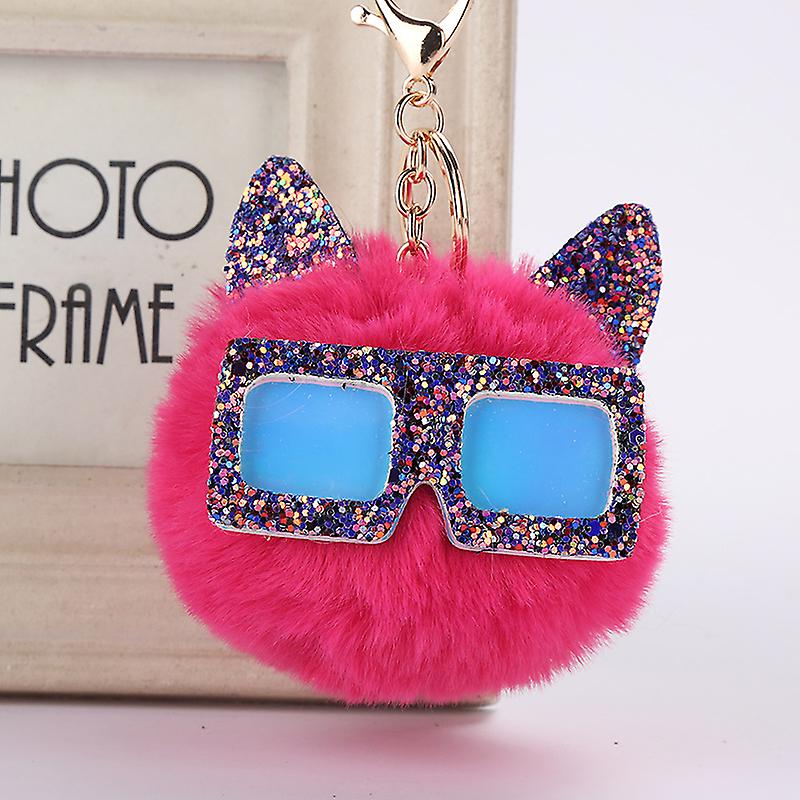 Sequined Owl Hair Ball Key Chain With Eyewear Pendant