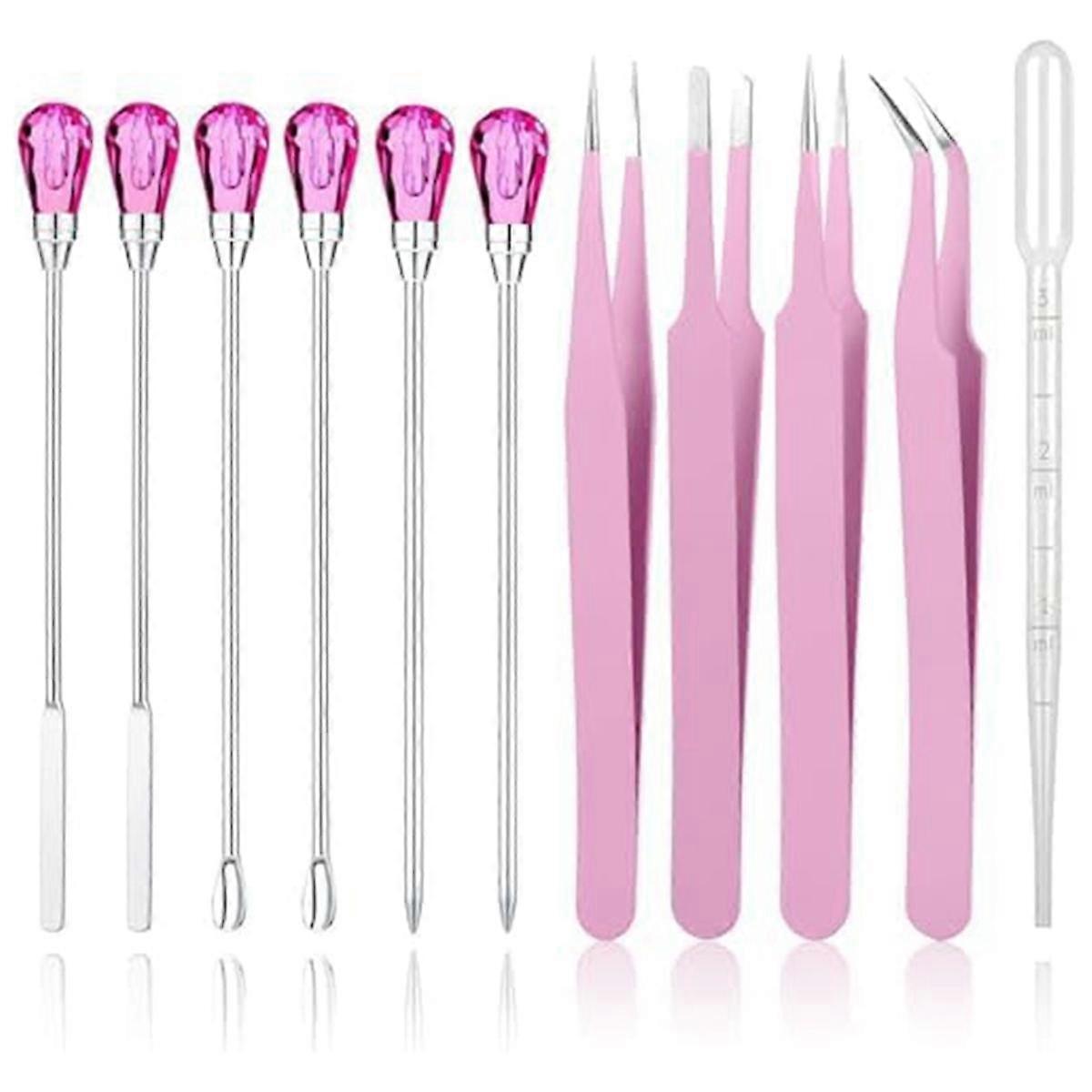 11 Pcs Resin Mold Tools Set Stirring Needle Spoon Tool Tweezers Precision Kit (Pink + Rose Red)