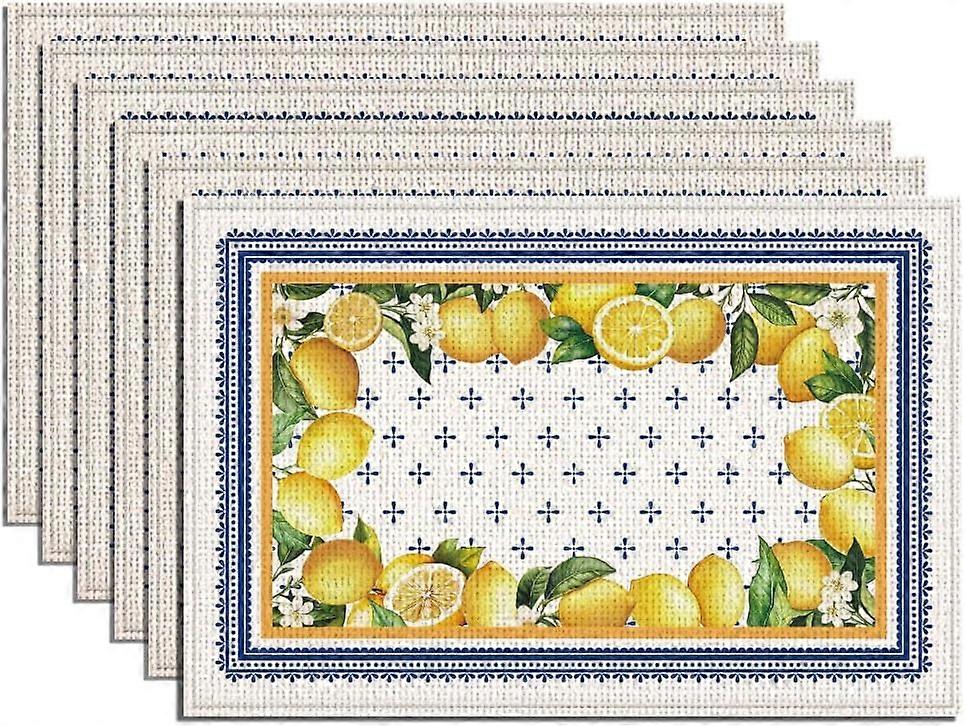 6Pcs Blue and Yellow Lemon Placemats 17.7x11.8 Inch Lemon Border Printed Washable Table Mats Cyan Blue Tiles Polyester Place Mats for Lemon Party Brid
