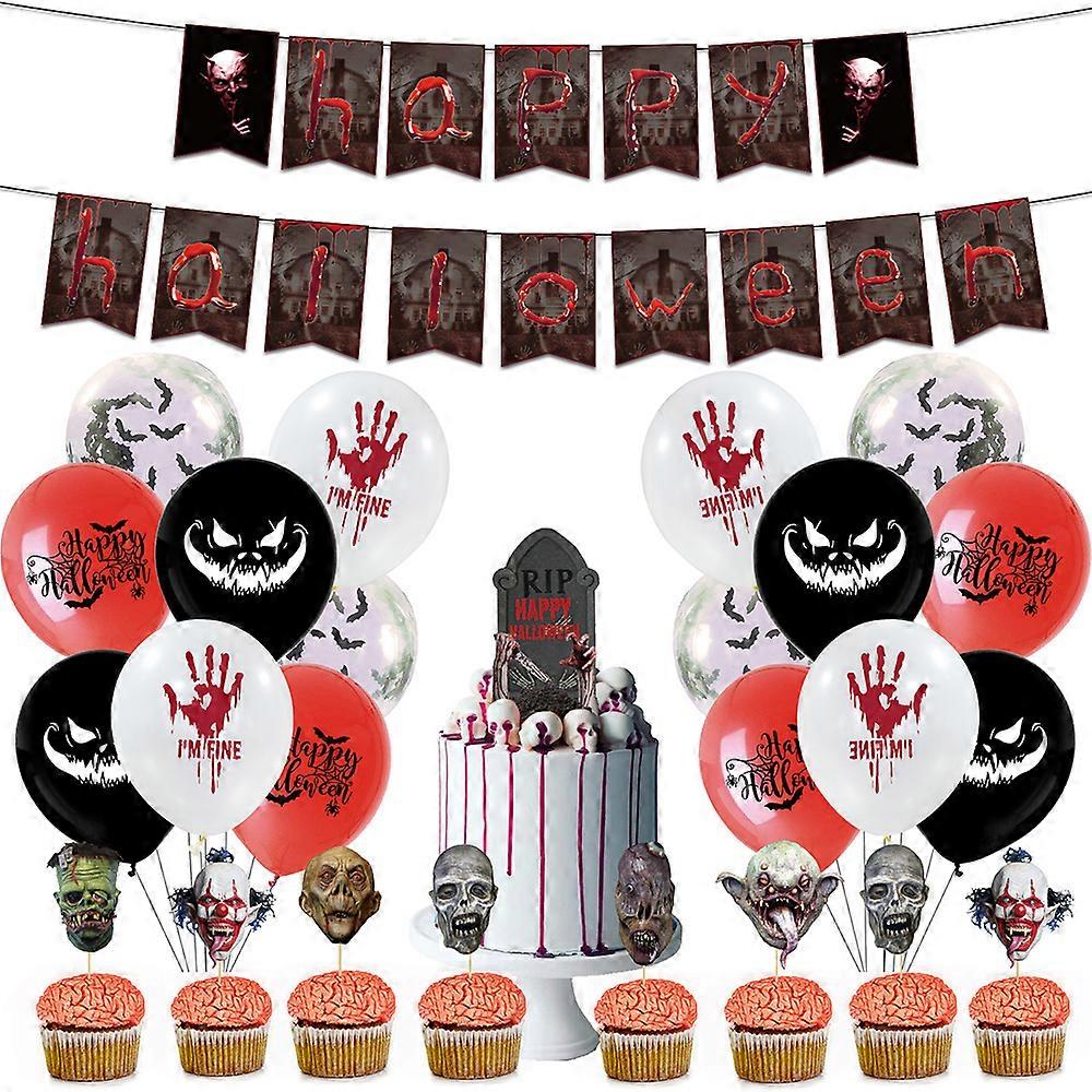 Halloween Ornament Balloon Banner Skull Cake Decor Party Props