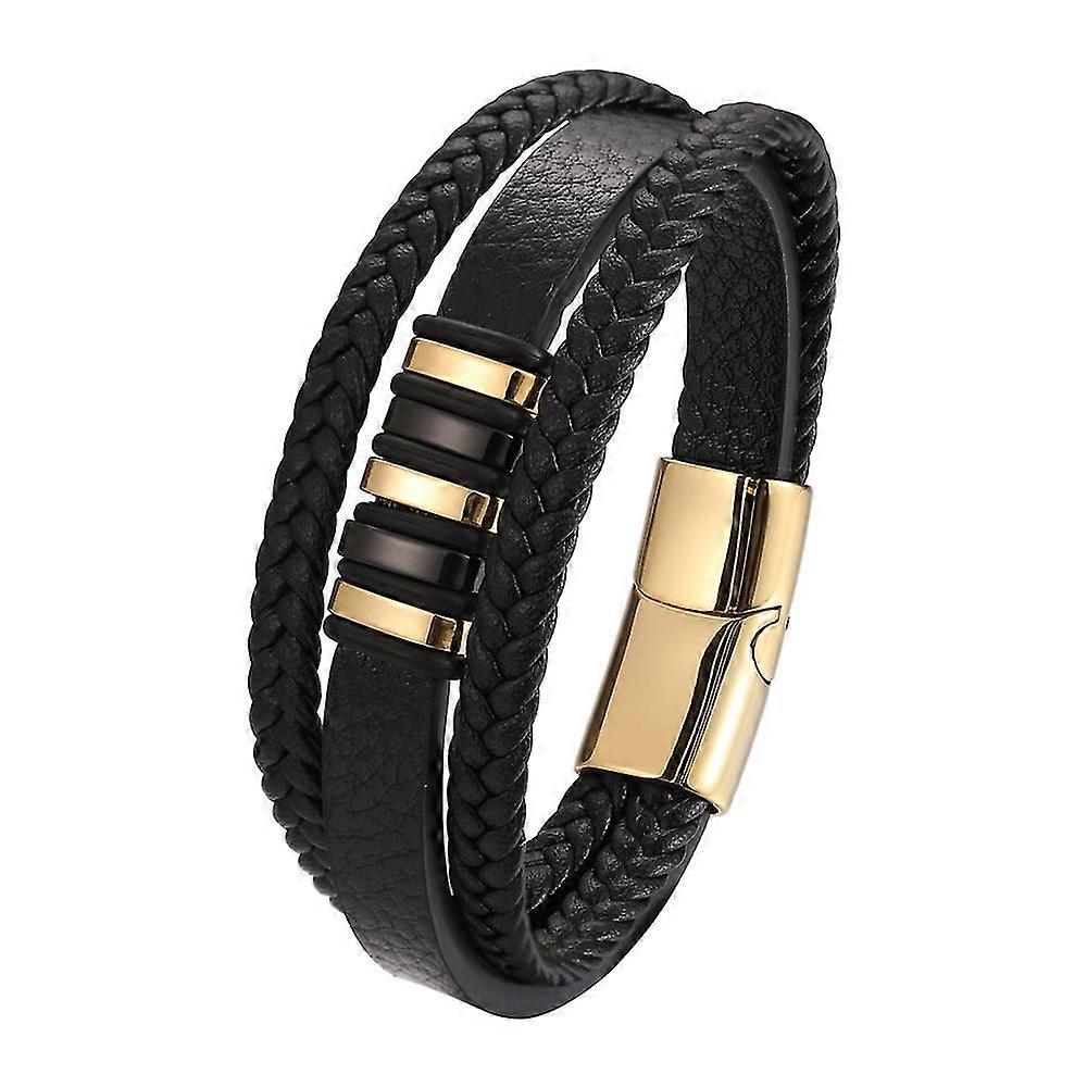 Punk flerlags vævet ægte læder mænds armbånd gylden sort rustfri tw