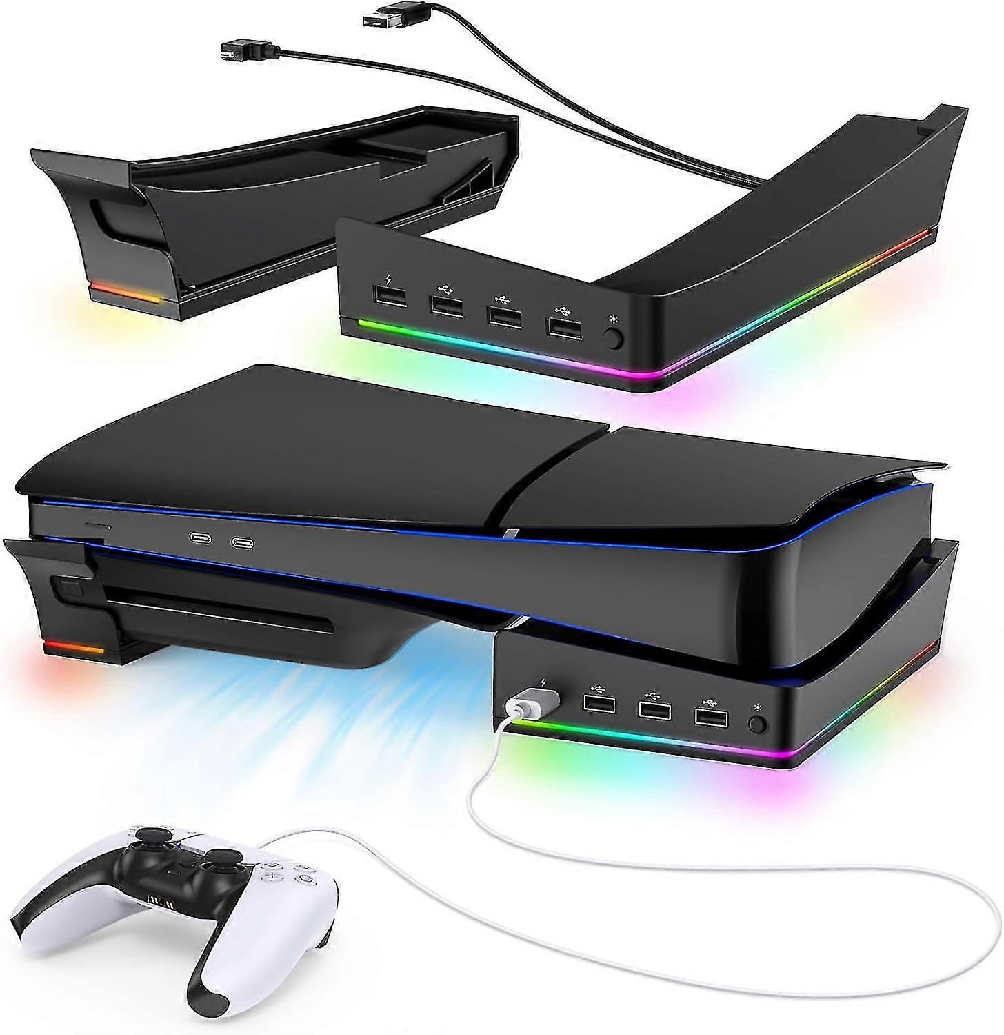 PS5 Slim Horizontal Stand, RGB Horizontal Stand Compatible with Playstation 5 Slim Disc & Digital, with 14 Light Mode and 4 USB Hubs