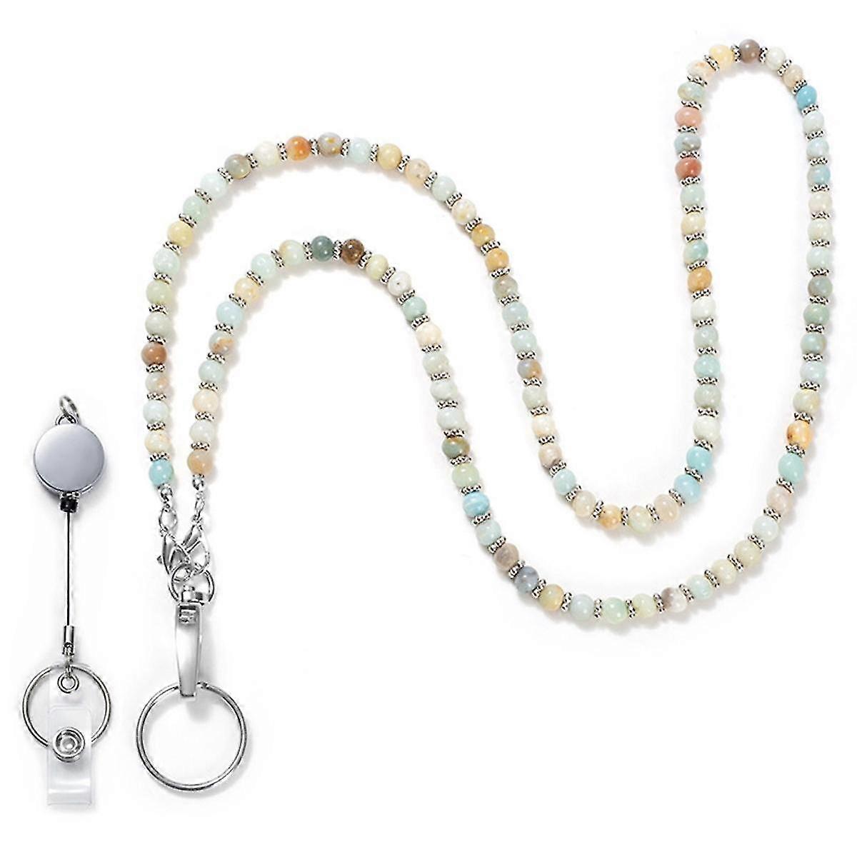 Beaded Lanyard for ID Badges and Keys, Cute Teacher Lanyard, Natural Stone Lanyard for Women