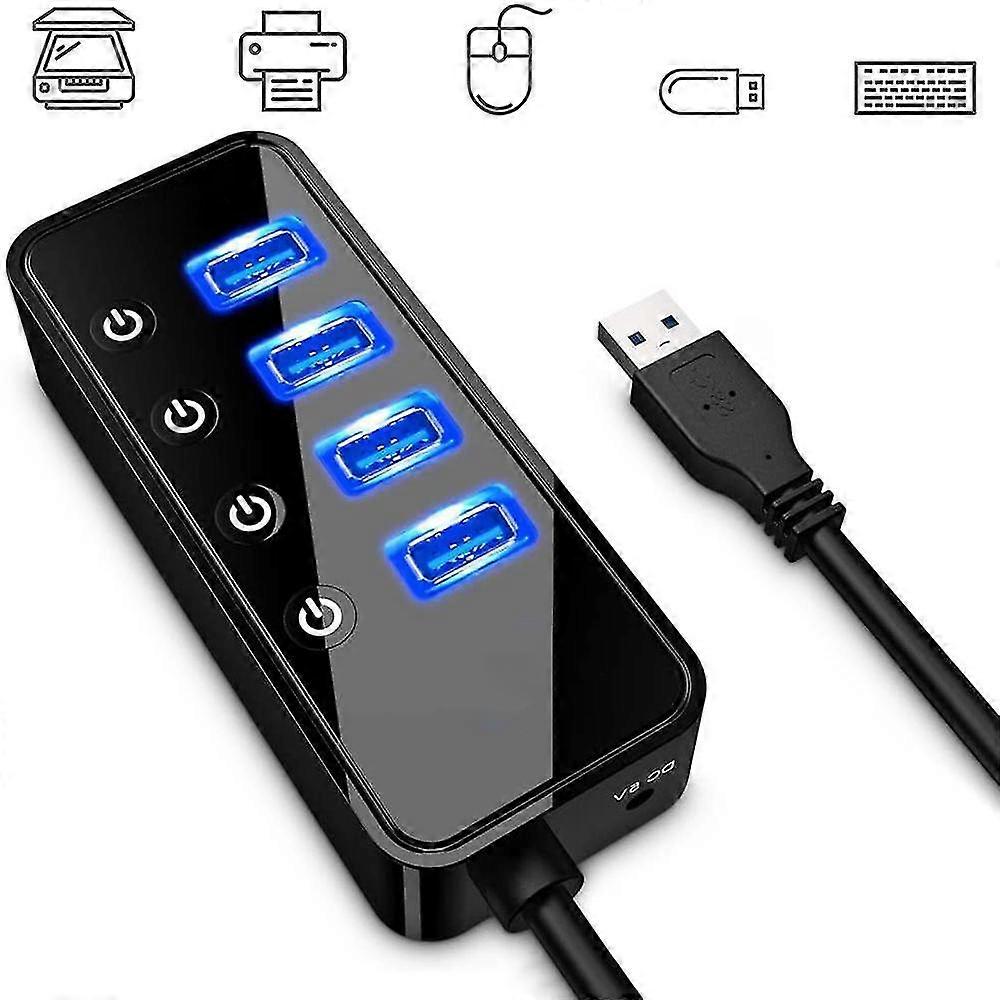 4-port Usb 3.0 Hub With 4 Usb 3.0 Data And 1 Usb Smart Charging Port, Usb Splitter With Individual On/off Switches And 5v/3a Power Adapter,2913