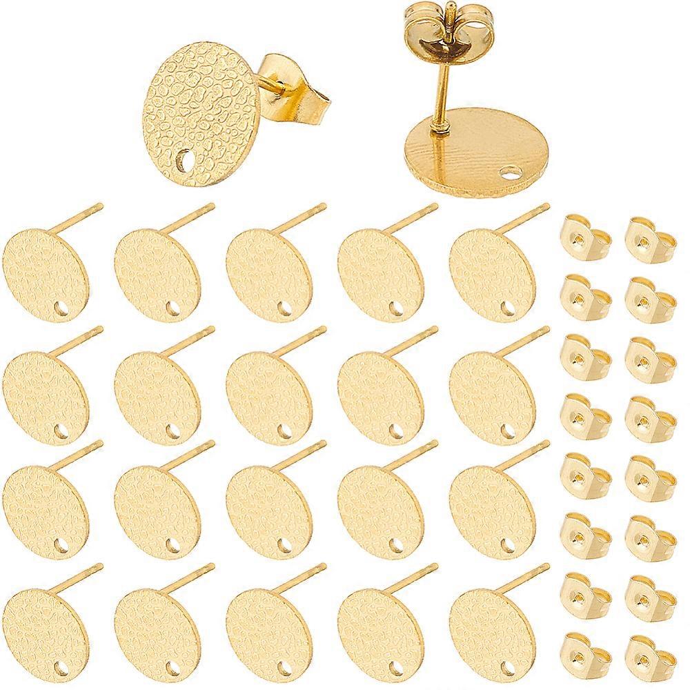 60Pcs Textured Flat Round Ion Plating(IP) 304 Stainless Steel Ear Stud Findings with Ear Nuts and Hole Golden 10mm Hole: 1.2mm Pin: 0.8mm