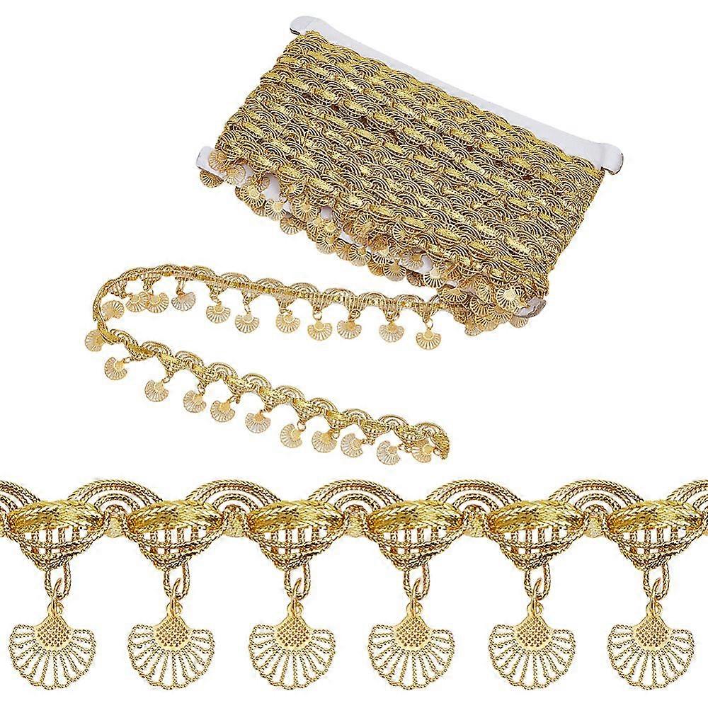 Polyester Fringe Lace Trim Ribbon with Charms Tassel Clothes Accessories Gold Color Fan 1-3/8 inch(35mm) pendant: 14x13.5x0.5mm