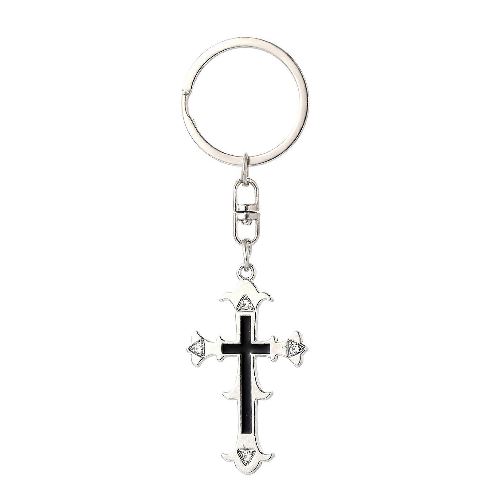 ヴィンテージラインストーンクロスキーホルダー宗教的信念キーリングバッグペンダントカップルキーホルダーバックパックデコレーションキーリングブラック