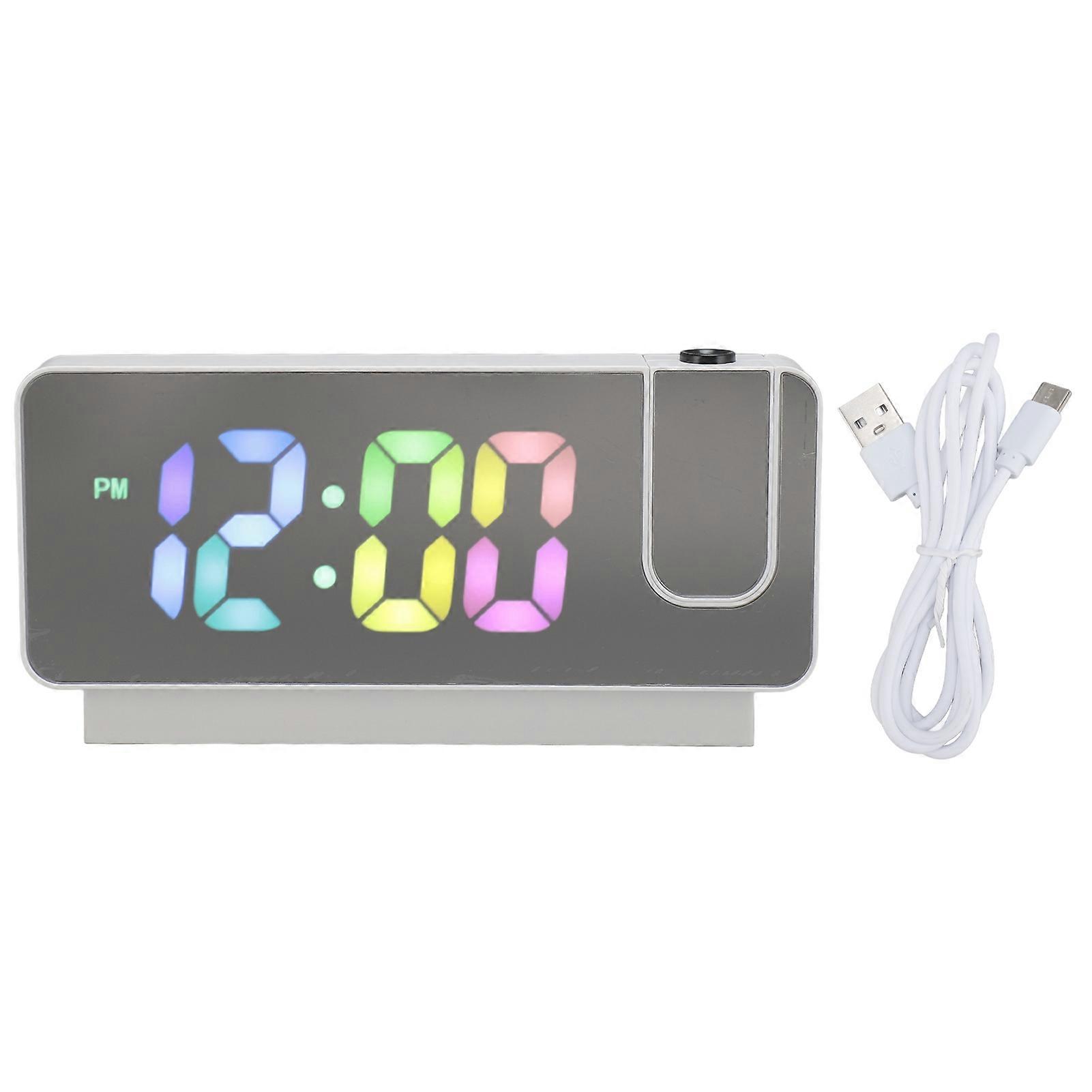 Projection Alarm Clock Adjustable Brightness Colorful Number Rechargeable 12H 24H Snooze LED Mirror Digital Clock White Shell