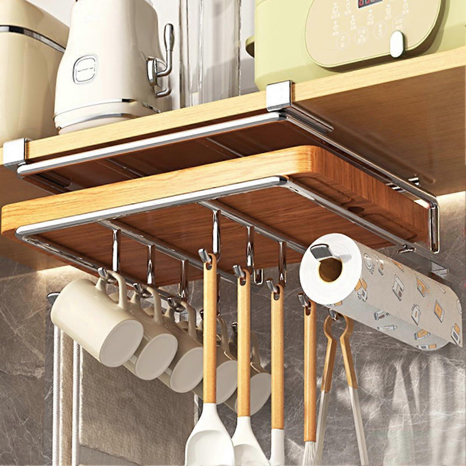 Stainless Steel Kitchen Utensil Rack Under Cabinet Hanger with Multi Hooks for Tools Towels Cups Cutting Boards