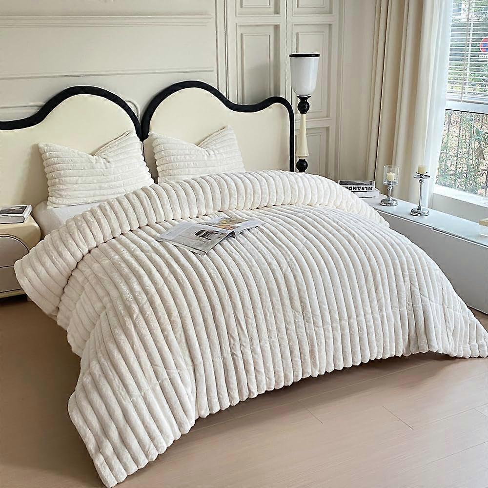 3 Pieces Comforter Sets Faux Rabbit Striped Plush White Fur for Twin/Full Bed Size
