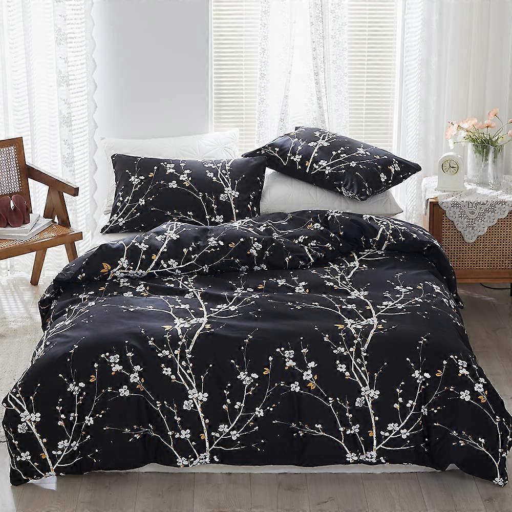 Floral Duvet Cover Set Twin Size with 1 Pillowcase Black, Flower Branch Printed Design