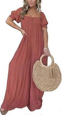 Square Neckline Jumpsuit with Smocked Bodice Button for Woman