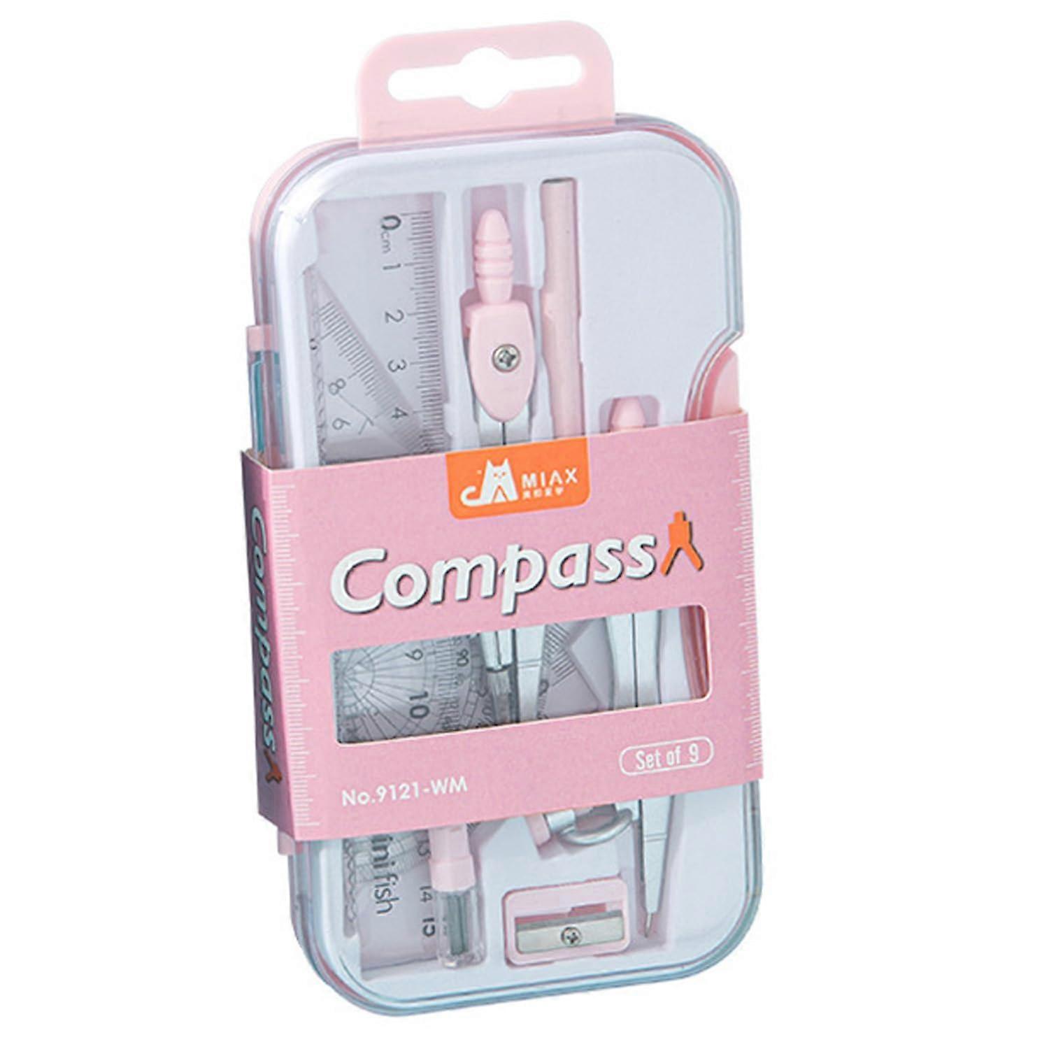 Premium Compass Set for School, Quick Adjustment 9-Piece Geometry Kit in Pink, Ideal for Primary and University Use