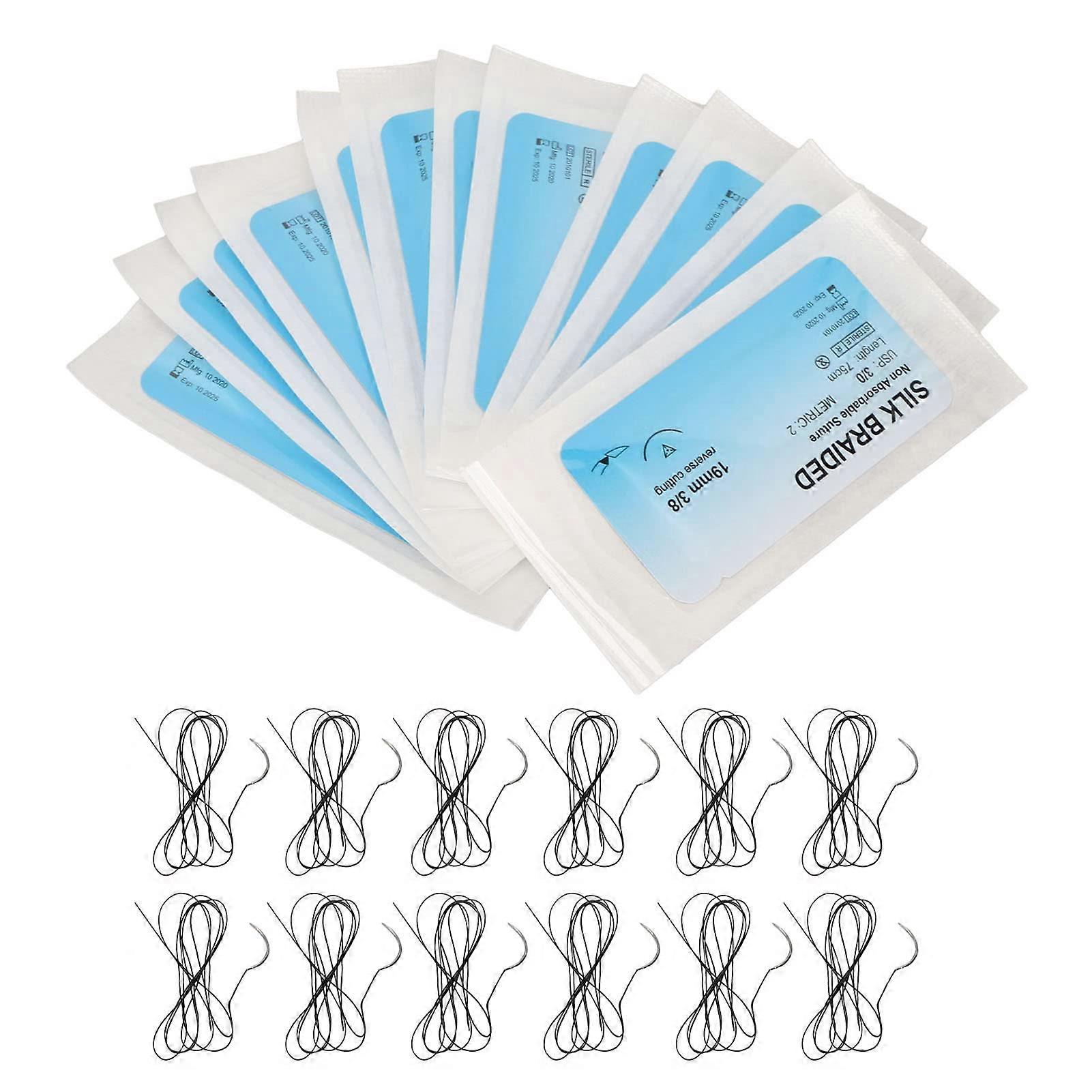 Silk Thread Suturing Kit with Curved Needle Wound Suture Practice Thread for Clinic Field Emergency 12pcs Suture Set
