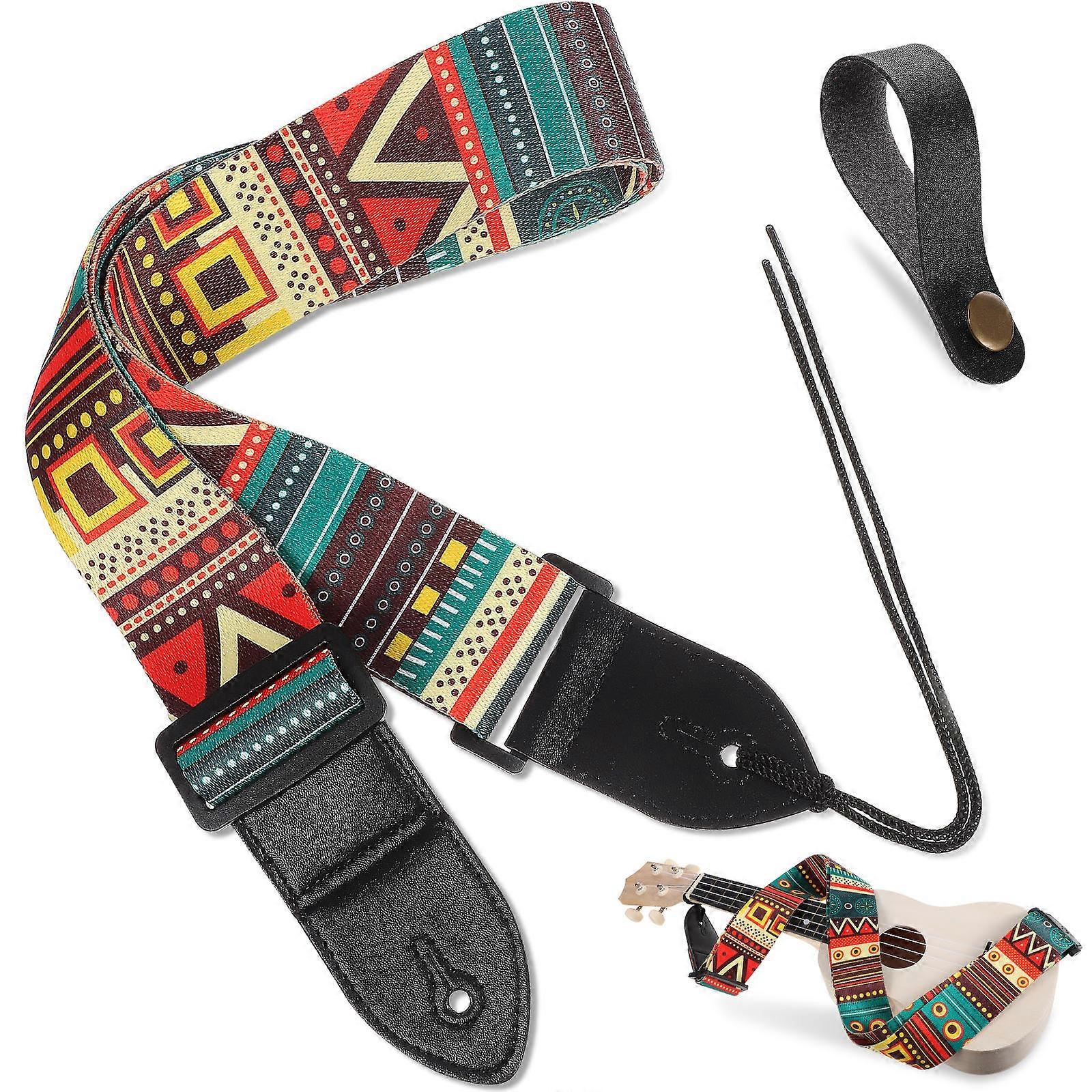 Ethnic Style Adjustable Guitar Strap with Multi Color Stripes for Electric Guitar and Bass – Soft and Comfortable Design Including Headstock Tie and
