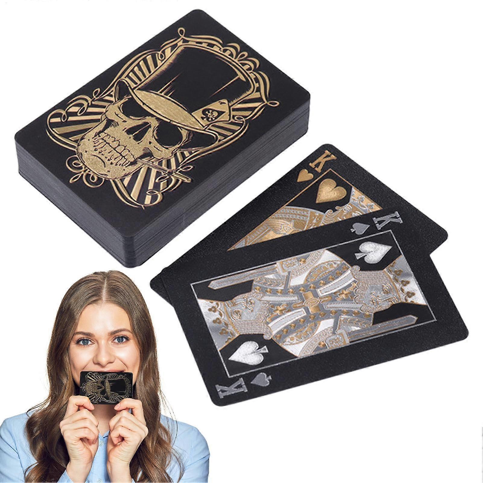 Black Playing Cards PVC Poker Card Deck With Skull Motif Flexible Foil Finish Storage Box For Texas Holdem Go Fis