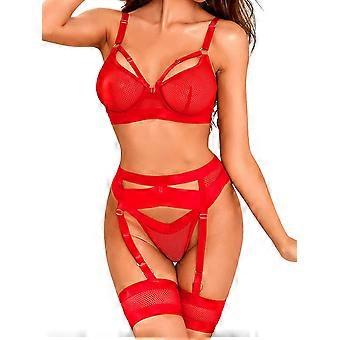 Garter Lingerie for Women,Sexy Lace Lingerie,Sheer Matching 4 Piece Lingerie Set Red Fishnet