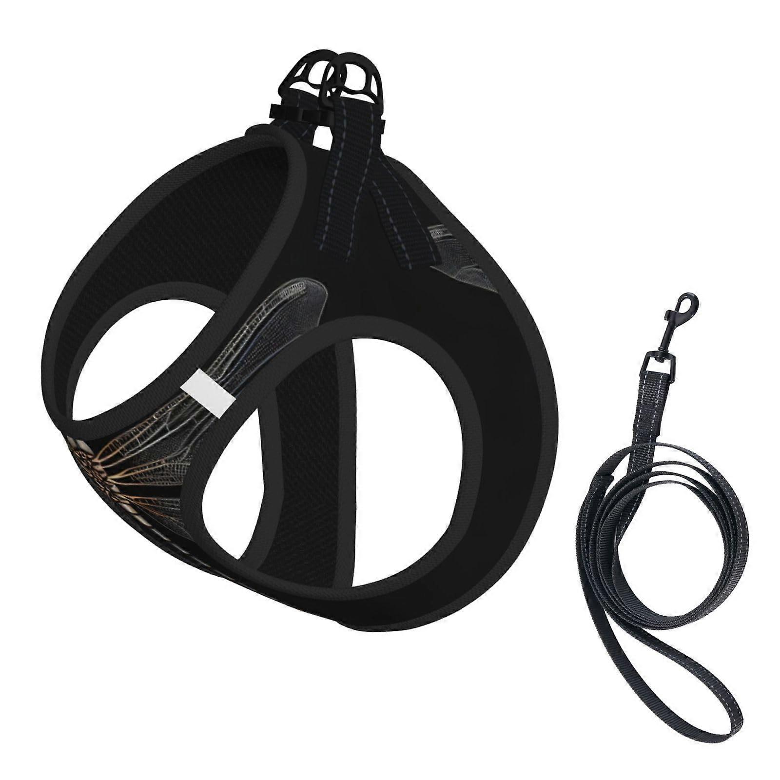 Dog Harness and Leash Set, Soft Mesh Fabric, Dragonfly Design, Padded No Pull, Black, Small with Accessories