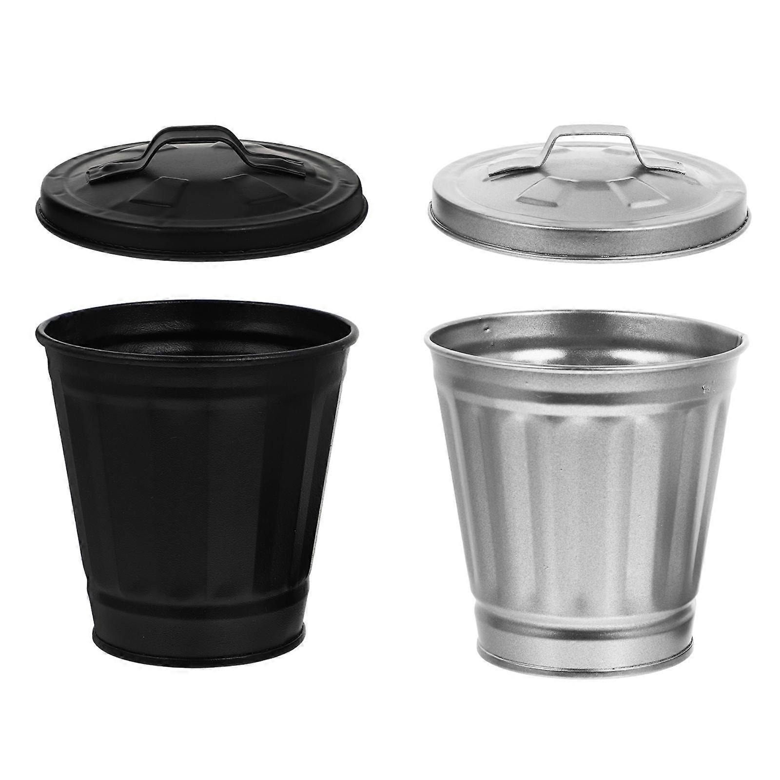 2PCS Mini Iron Trash Can for Storage with Cover Lightweight Black Color