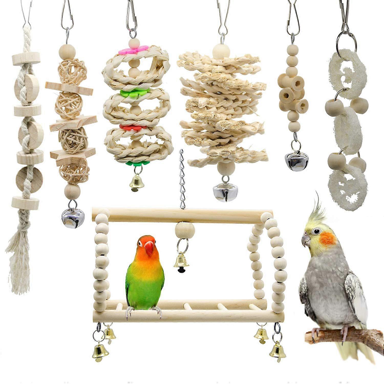 7piece Bird Swing and Activity Gym Set Natural Wood Chew Toy with Hammock, Ladder