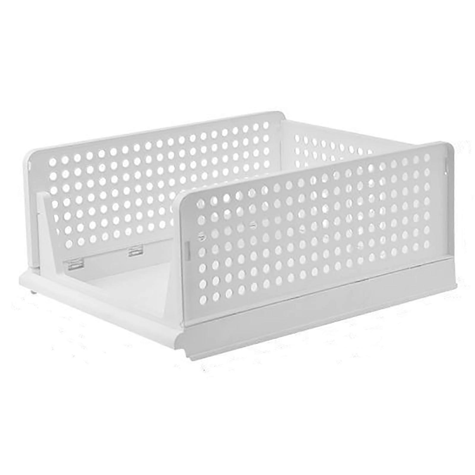 Stackable Plastic Storage Basket, Foldable Wardrobe Organizer (White, Large)