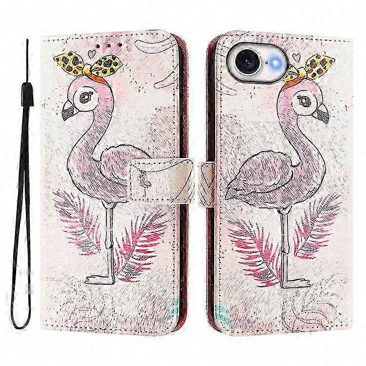 PU Leather Protective Phone Case For 16e, Pattern Printing Card Slot Stand Cover with Lanyard