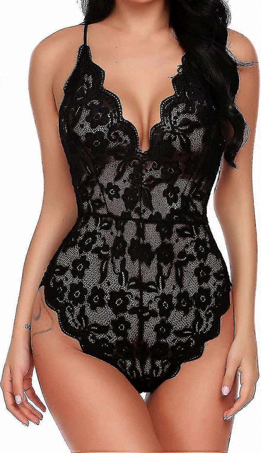 Women's Alluring Lace Bodysuit - Elegant One-Piece Undergarment with Deep V Design