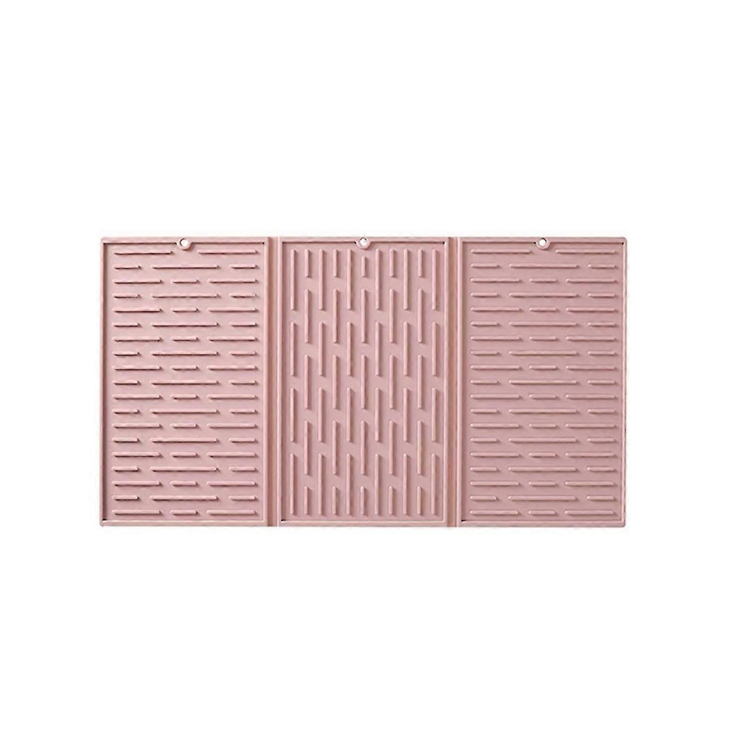 Pink Foldable Tri-Fold Tableware Drying Mat Silicone Draining Mat for Kitchen Counters
