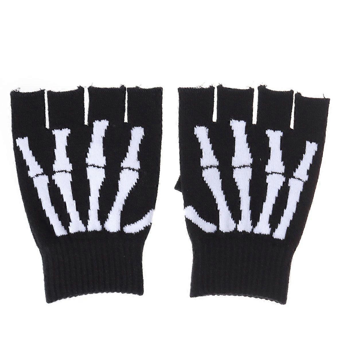 Unisex Finger Skeleton Pattern Knit Gloves Skull Bone Gloves Elastic Half Finger Glove