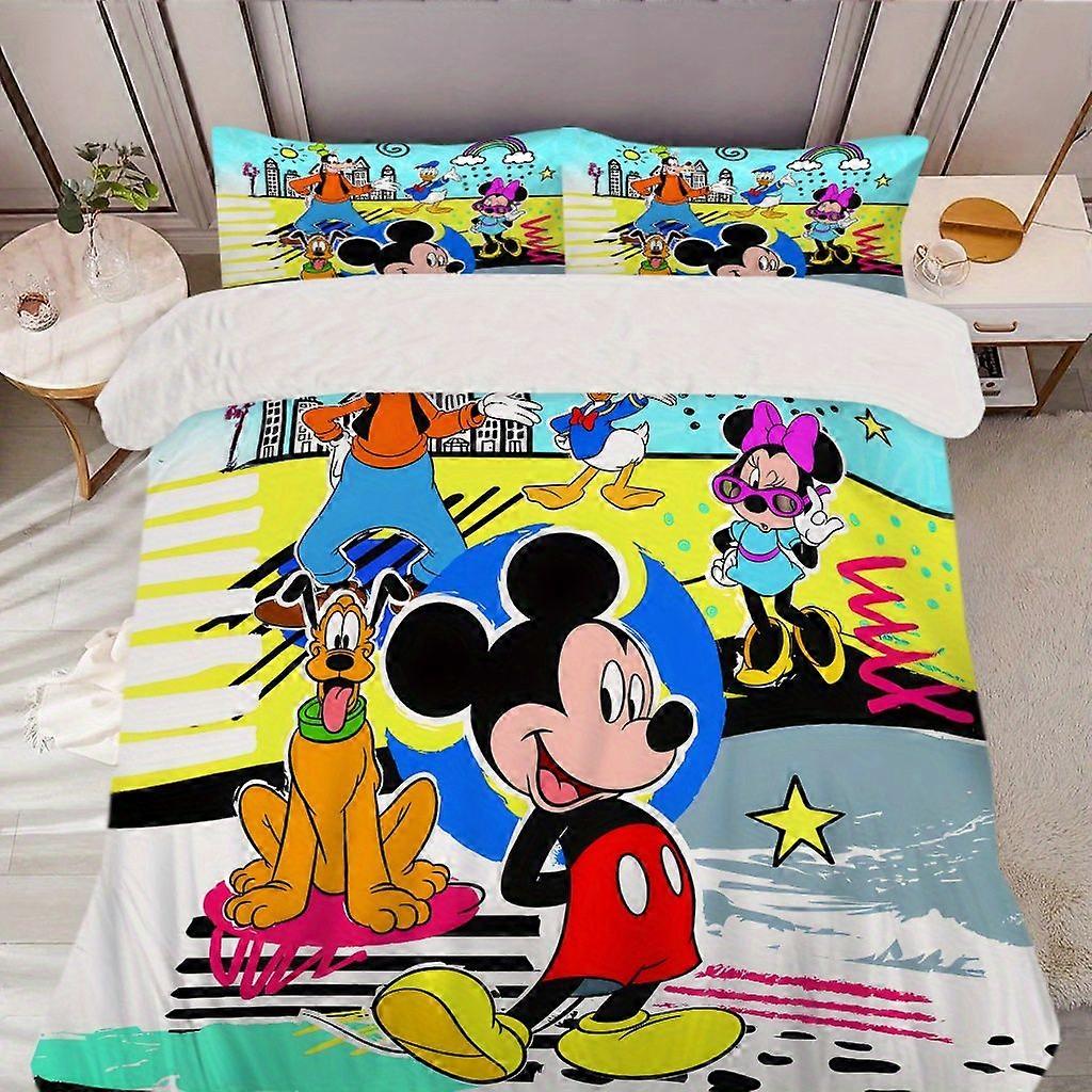 TE829 Mickey Mouse 3pcs Bedding Set - Cartoon Cute Soft, Suitable for Bedroom - Includes Duvet Cover, 2 Pillowcases with Cute Character