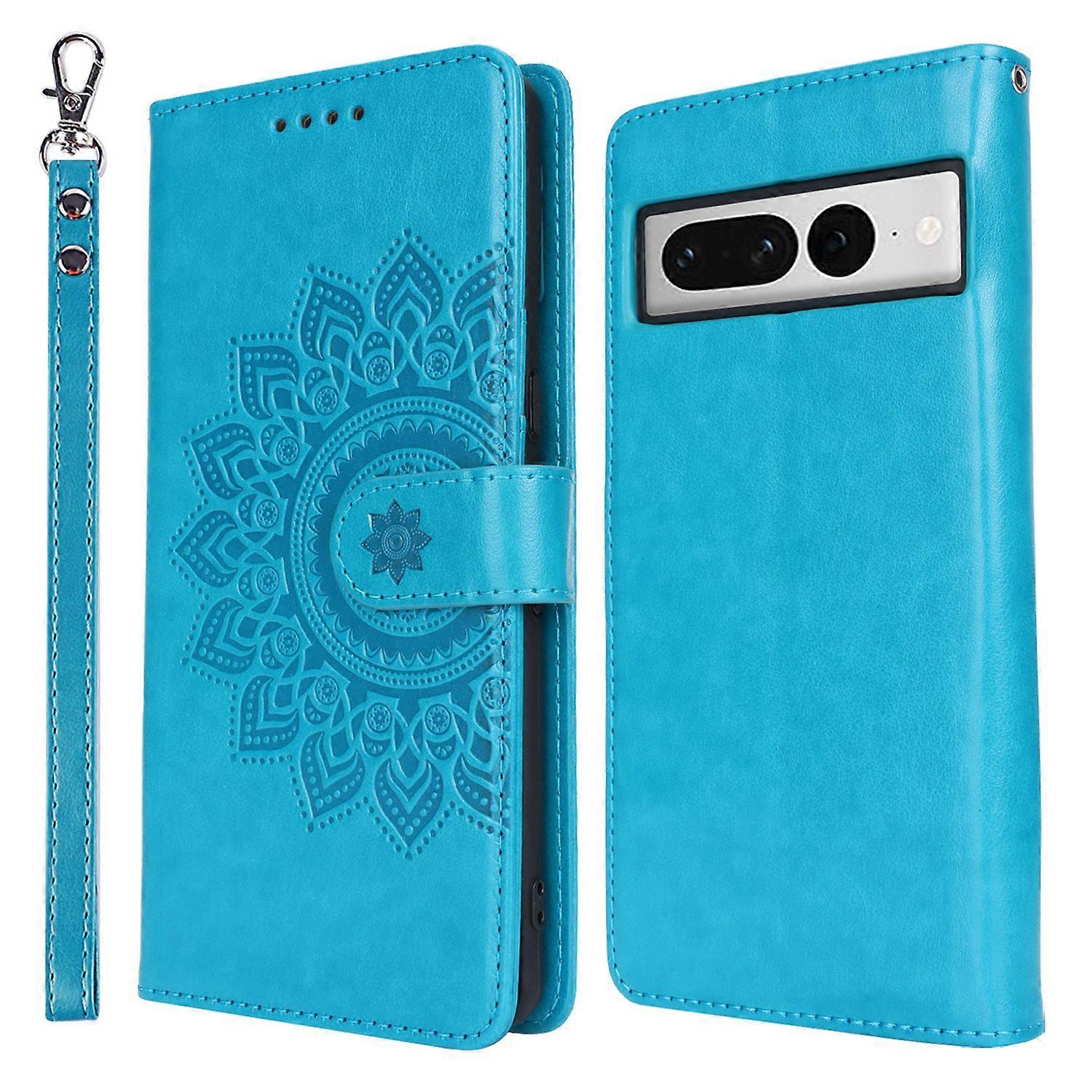 For Google Pixel 7 Pro 5G Case Textured Leather Wallet Phone Cover with Strap - Blue
