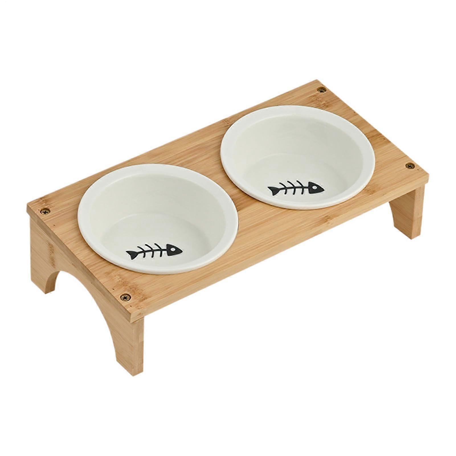 Raised Cat Bowl  Inclined Feeding and Water Bowl With NonSlip Wooden Base, Suitable for Kittens and Puppies (Small to Large)