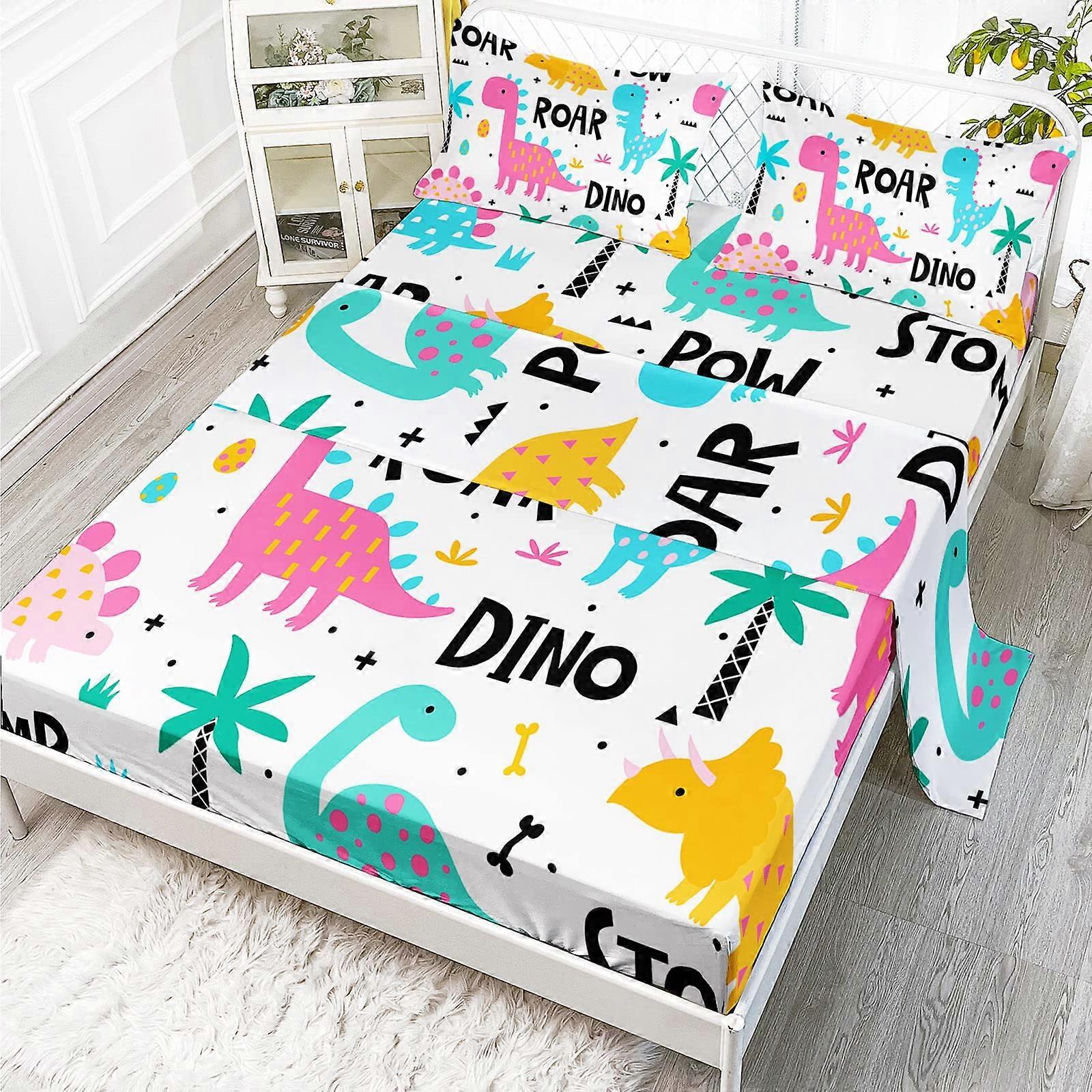 Dinosaur Sheet Set Full Size  4Piece Bedding Includes Fitted Sheet, Flat Sheet And 2 Pillowcases  Kawaii Dino Design