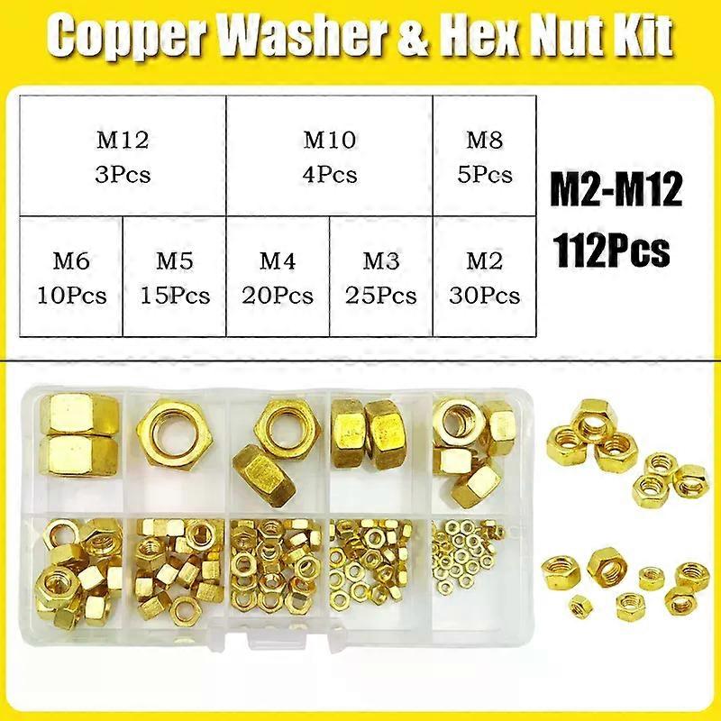 High Strength Brass Hex Nut Washer Kit Plain Ring Sealing Flat Gasket Metric Threaded Solid Copper Hexagonal Nuts for Bolt Screw