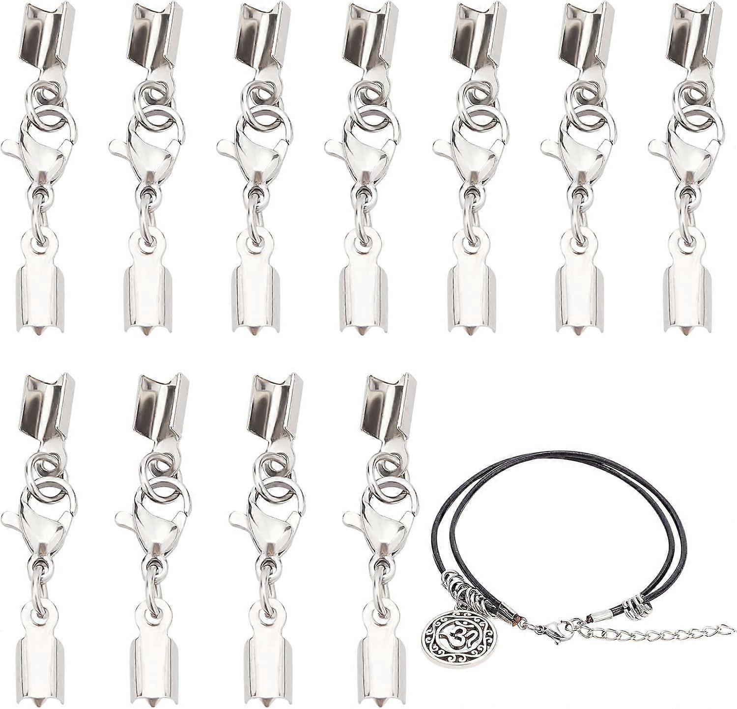 20 Set Lobster Claw Cord Ends 304 Stainless Steel Fold Over Cord End Caps Connector Silver Cord Crimp End Tips with Lobster Claw Clasps for Necklaces 