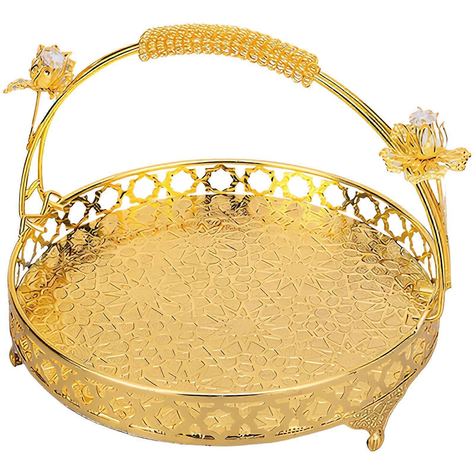 Round Metal Fruit Basket Serving Tray with Handle for Kitchen Storage and Table Centerpiece