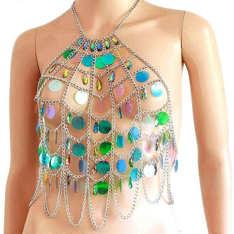 Fashion Women Silver Body Harness Sexy Mesh Sequin Body Chain Beach Jewelry