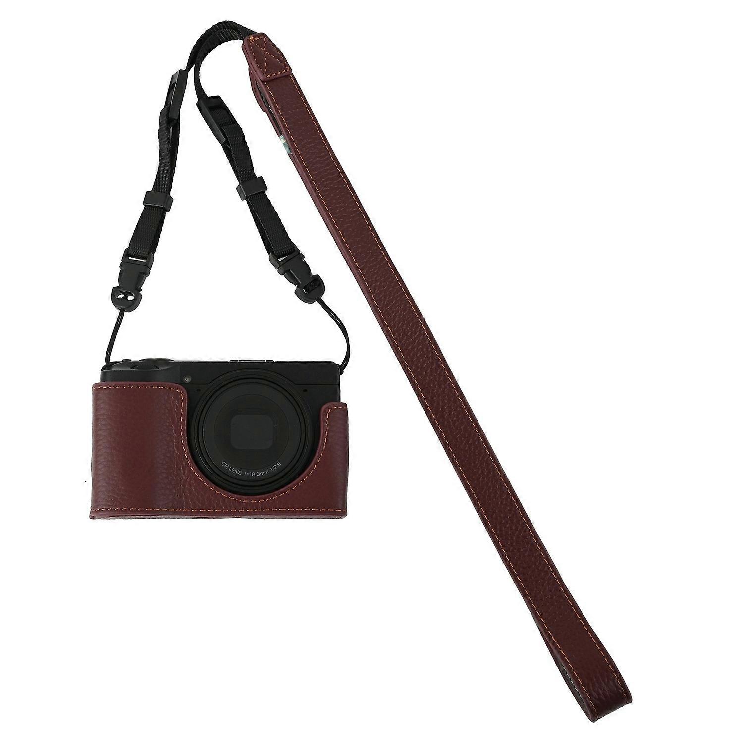 For Ricoh GR III GR IV Camera Case Genuine Leather Base with Shoulder Strap and Tripod Screw Hole - 