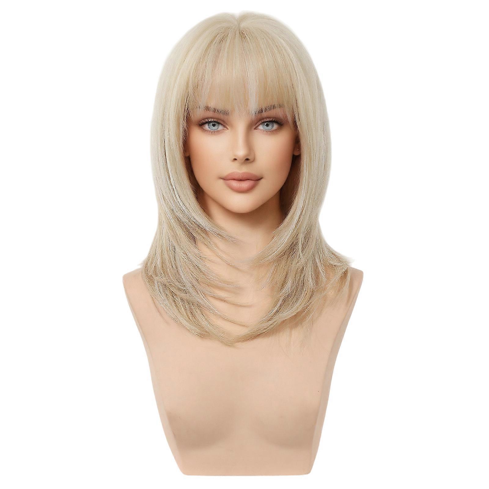 Natural Wavy Layered Shoulder-Length Blonde Synthetic Wig with Bangs – Effortlessly Chic