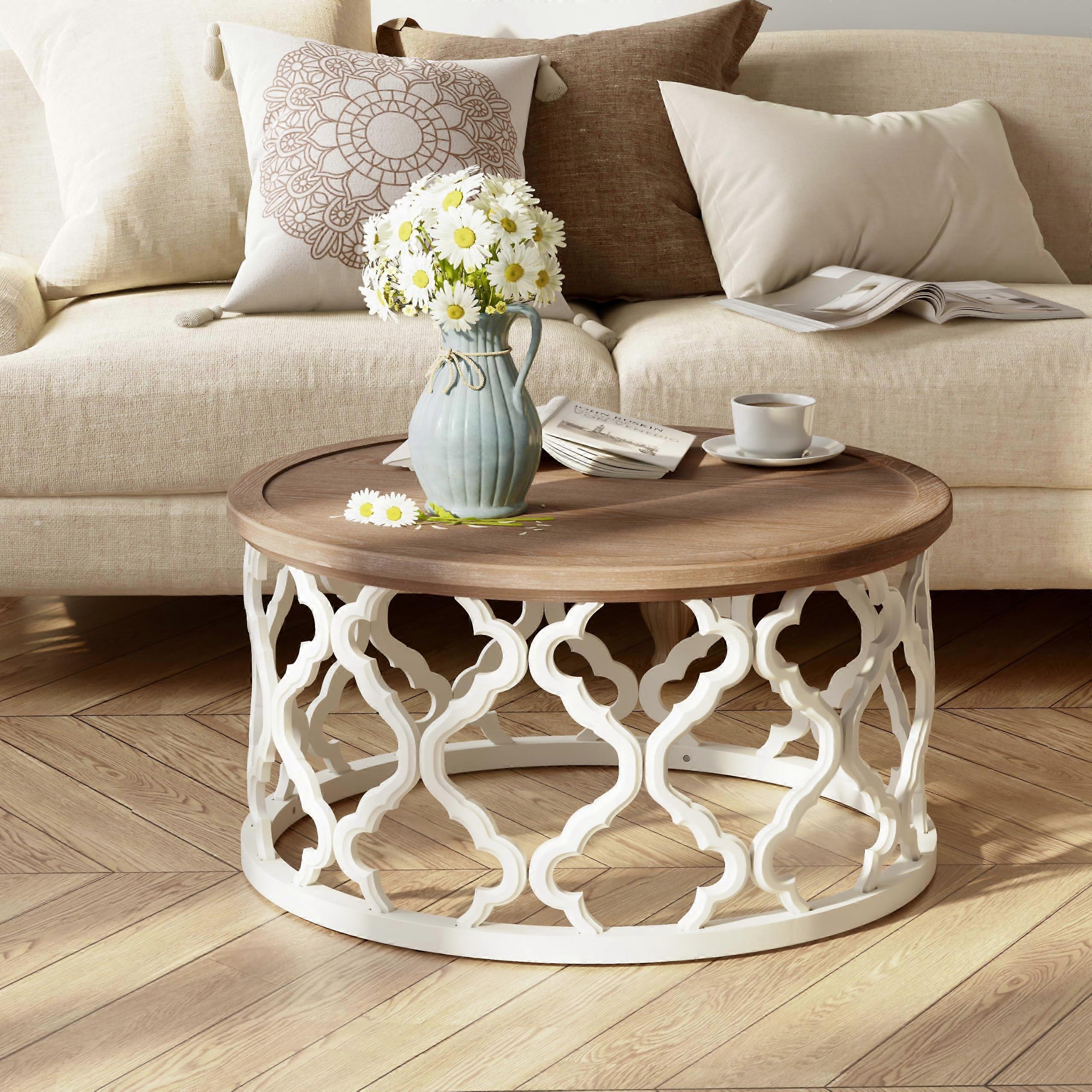 Farmhouse Coffee Table with Rustic Wood Tray  and Curved Frame, Round White Base for Living Room