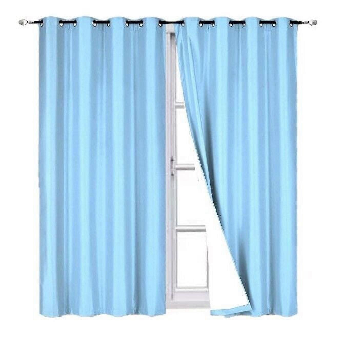 Rideau occultant 100% (94 x 213 cm) bleu clair, doublure en lin blanc, œillets bronze, pour chambre ou salon.