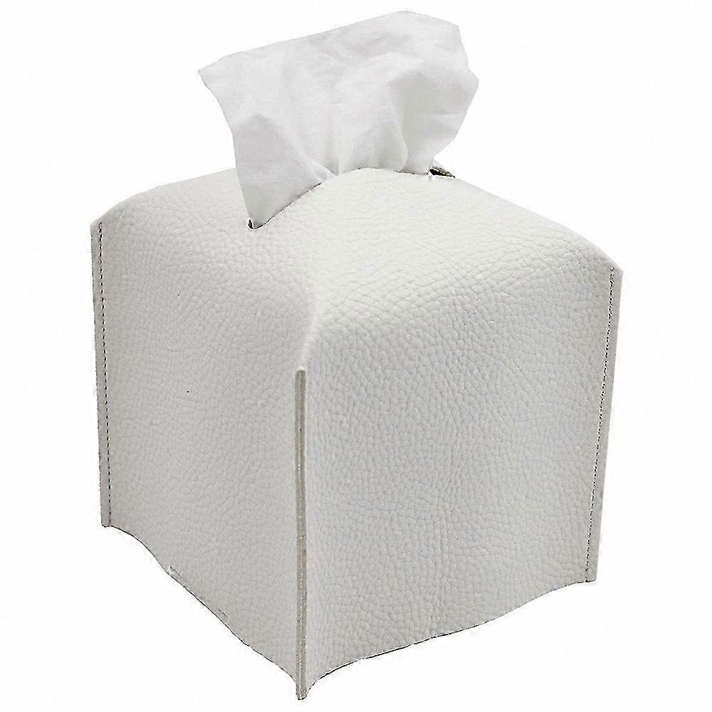 Square Tissue Box Cover in White Leather for Bathroom and Dressing Table Use