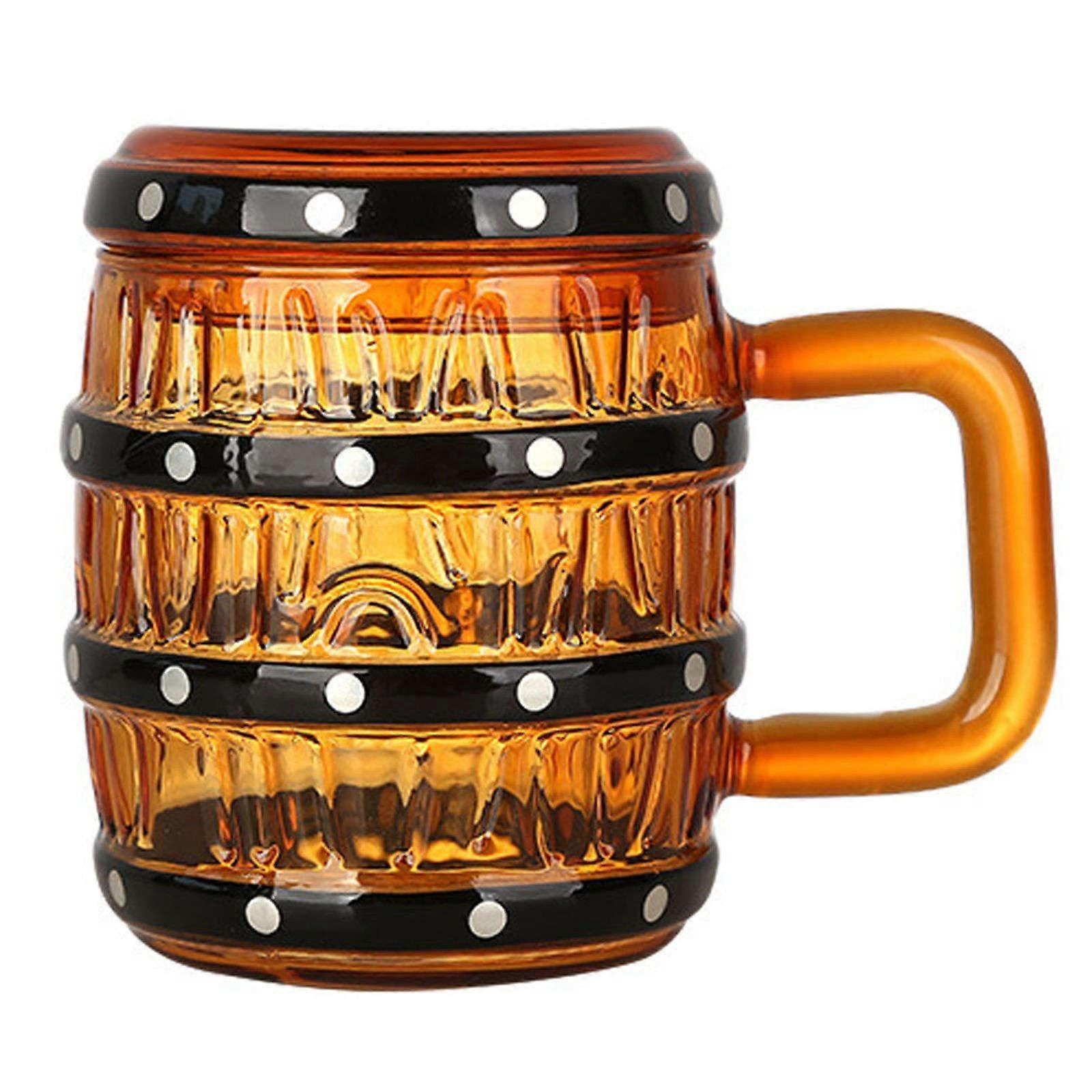 Beer Mug with Lid and Handle, Retro Barrel Design  Borosilicate Glass