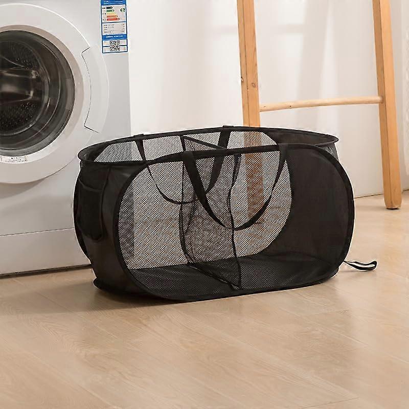 Foldable 2 Compartment Laundry Hamper with Breathable Mesh and Reinforced Handles, Black