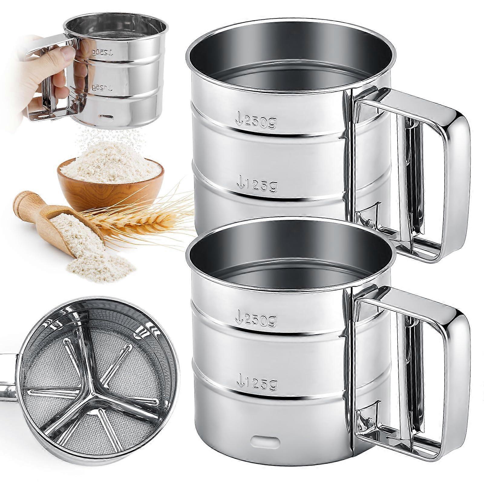 2 Pack Stainless Steel Flour Sifter, Double Layer Fine Mesh OneHand Press for Baking Cakes